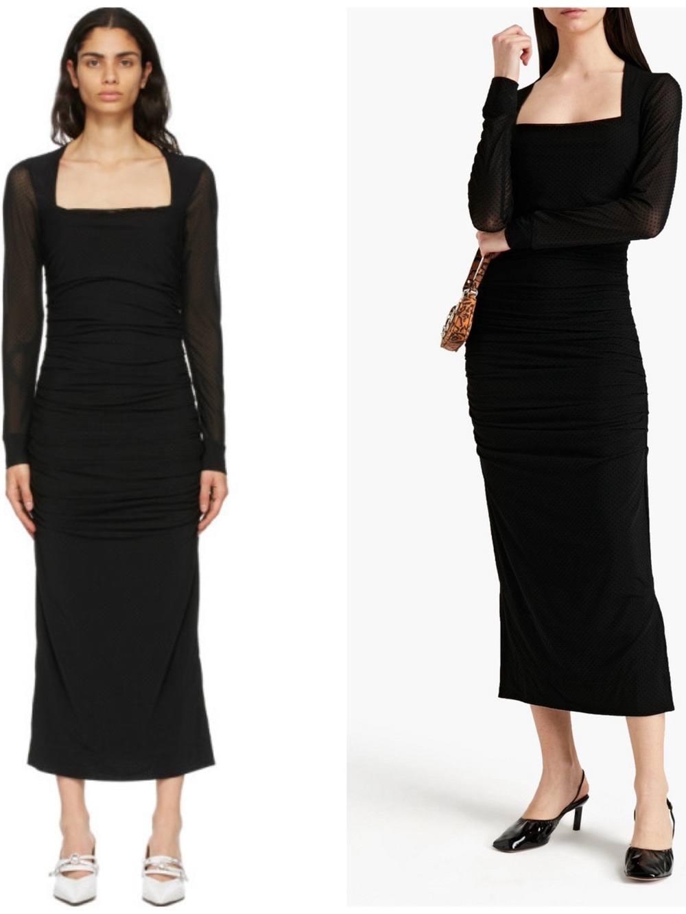 GANNI Ruched Flocked Mesh Midi Dress In Black